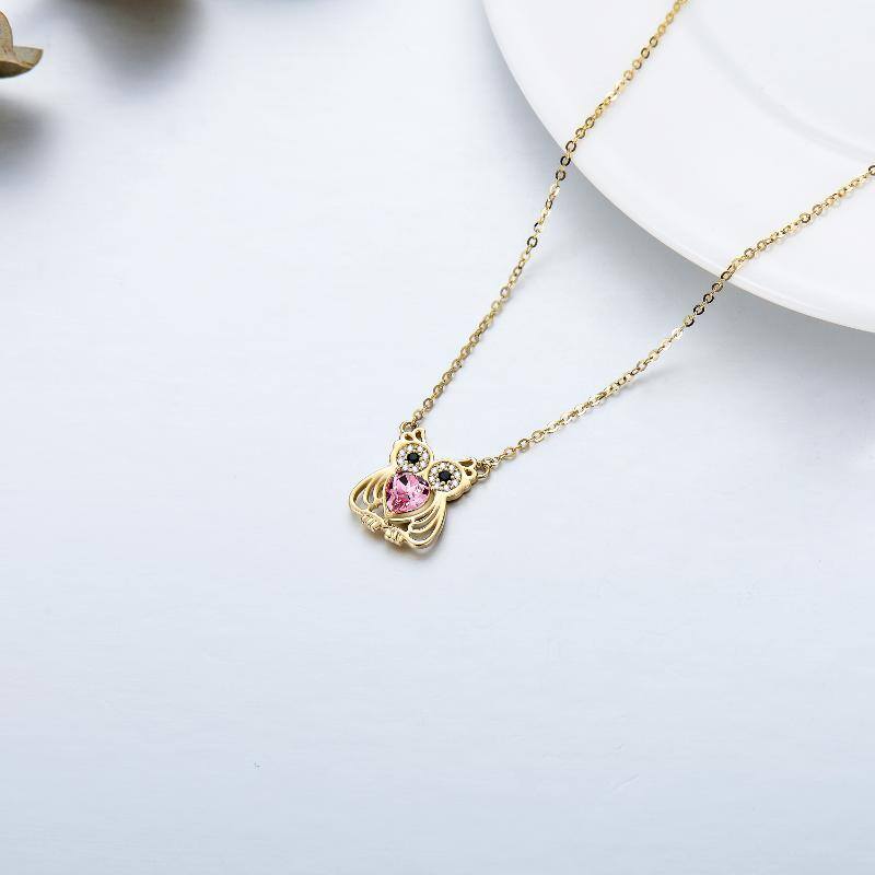 10K Gold Heart Shaped Cubic Zirconia Owl Pendant Necklace-4
