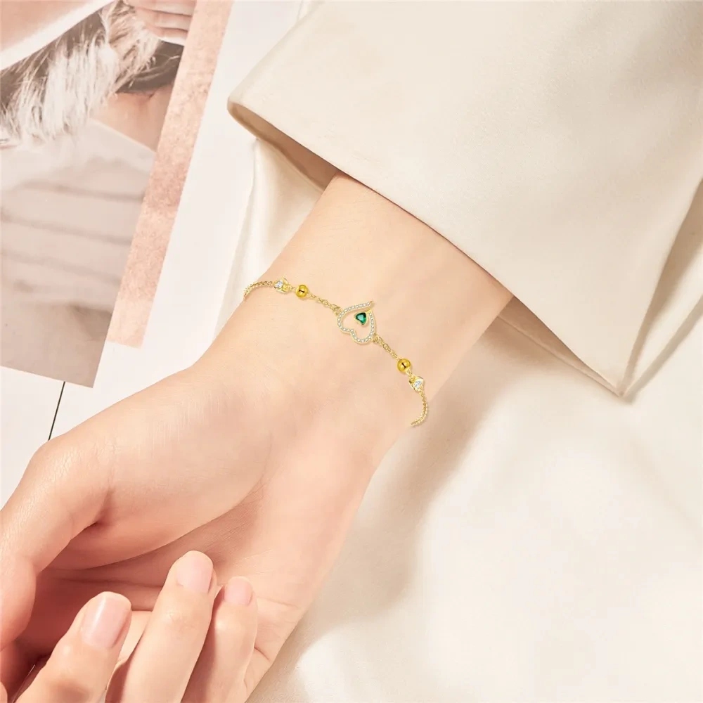 10K Yellow Gold Emerald Heart Cubic Zirconia Heart Charm Bracelet For Women-2