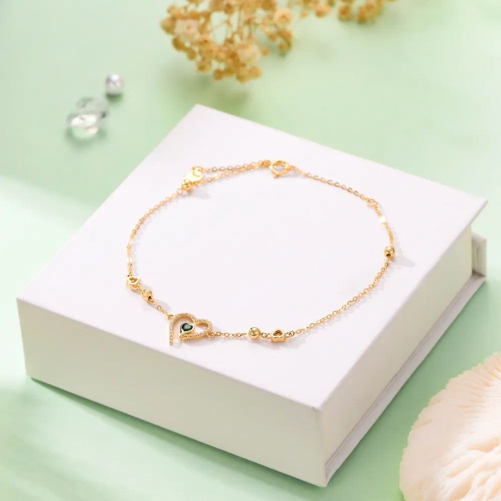 10K Yellow Gold Emerald Heart Cubic Zirconia Heart Charm Bracelet For Women-4