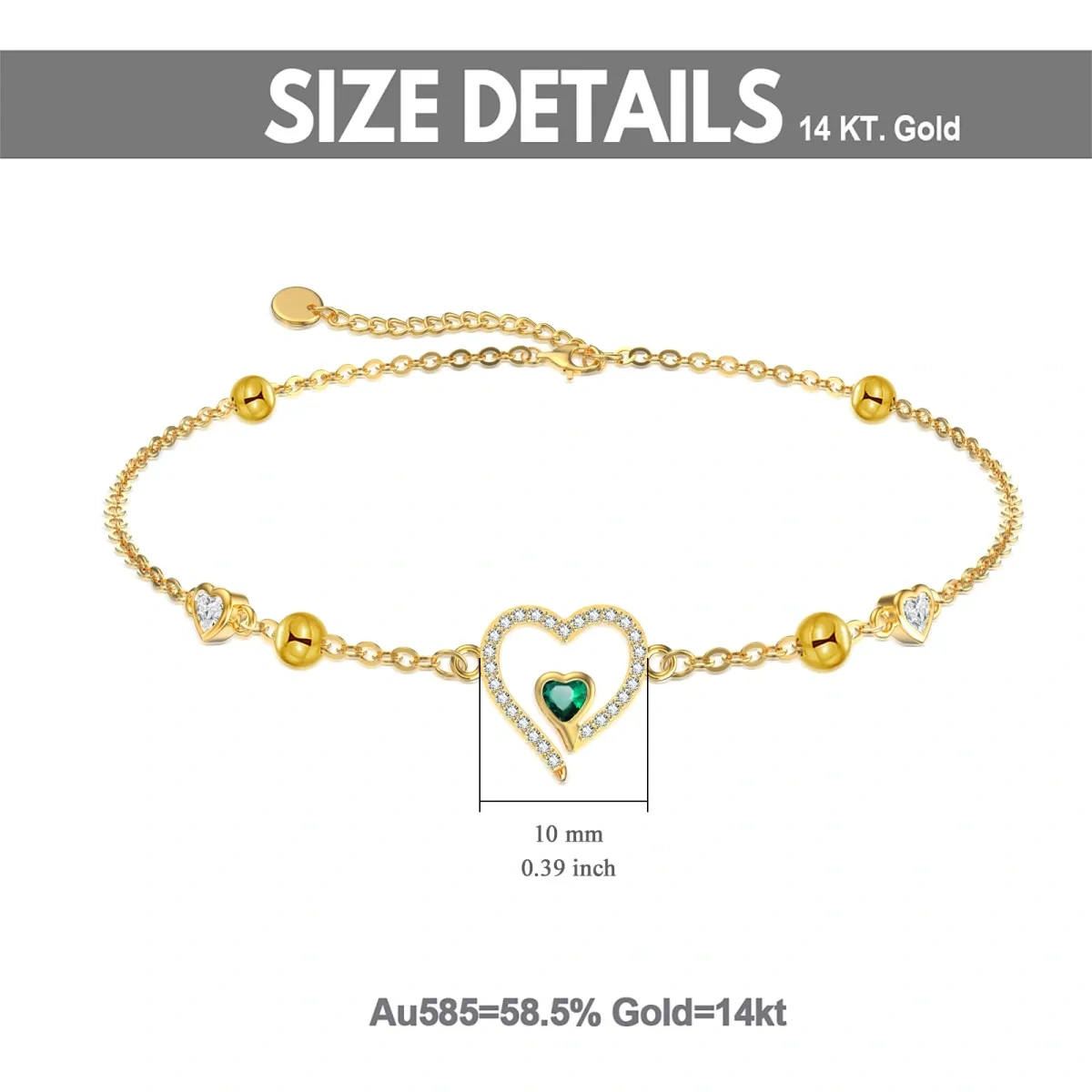 18K Yellow Gold Emerald Heart Cubic Zirconia Heart Charm Bracelet For Women-5