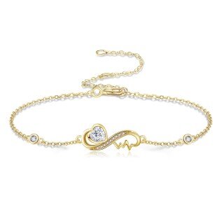 10K Gold Heart Cubic Zirconia Charm Bracelet For Women-10