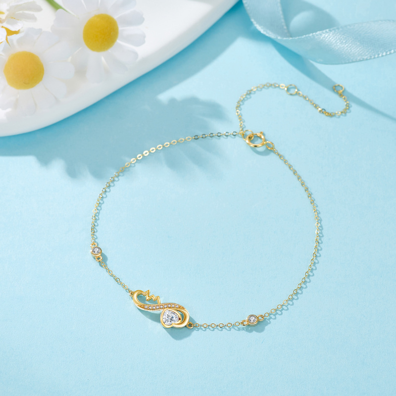 10K Rose Gold Heart Cut Cubic Zirconia Heart Charm Bracelet-3