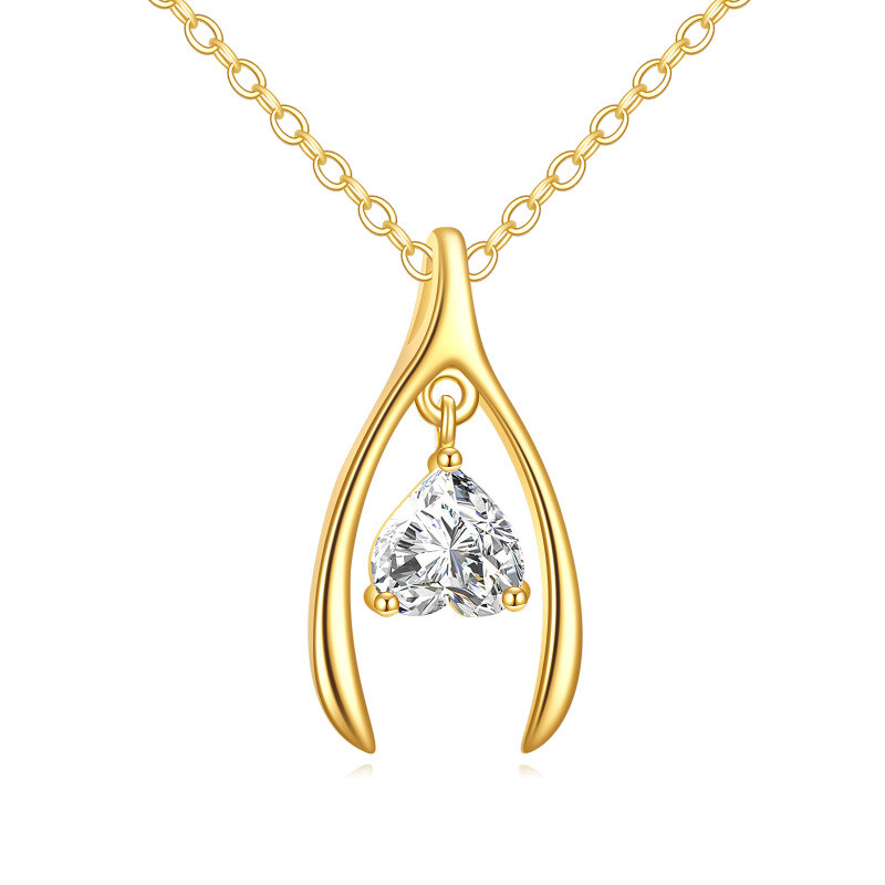 14K Yellow Gold Heart Cubic Zirconia Heart Pendant Necklace For Women-1
