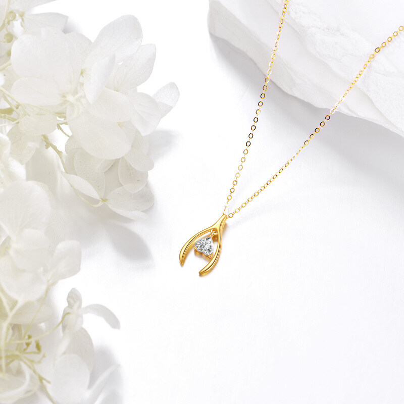 14K Yellow Gold Heart Cubic Zirconia Heart Pendant Necklace For Women-3