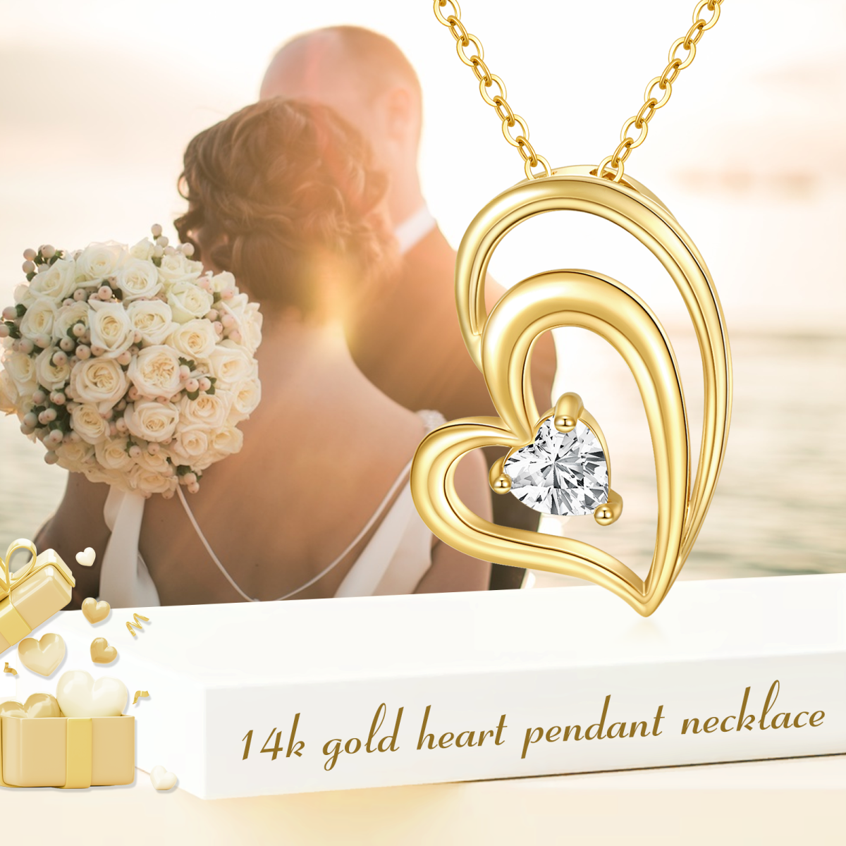 10K Gold Interlocking Heart Cubic Zirconia Heart Pendant Necklace-6