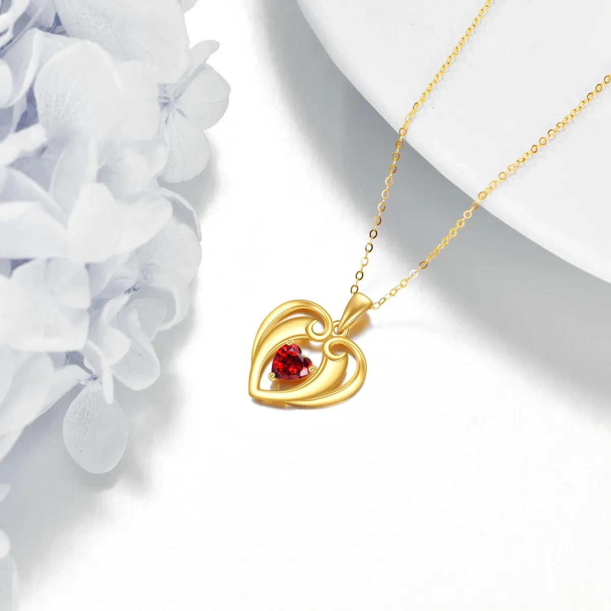 14K Gold Heart Cubic Zirconia Pendant Necklace For Women-4