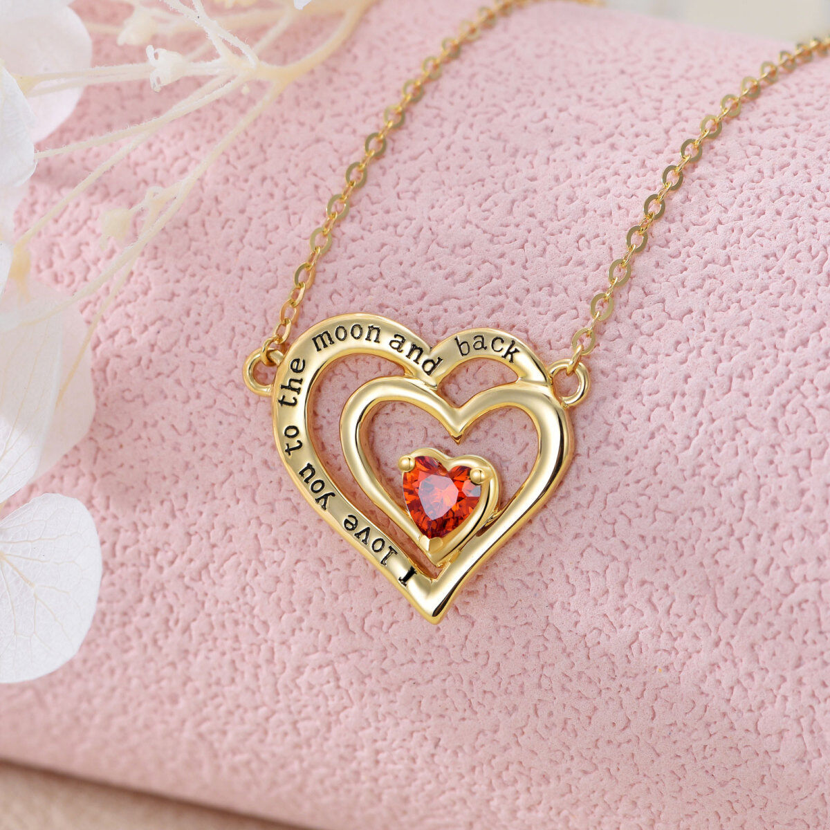 Collar con colgante de piedra natal de corazón de oro de 14 quilates con palabra grabada para mujeres y mejores amigas-3