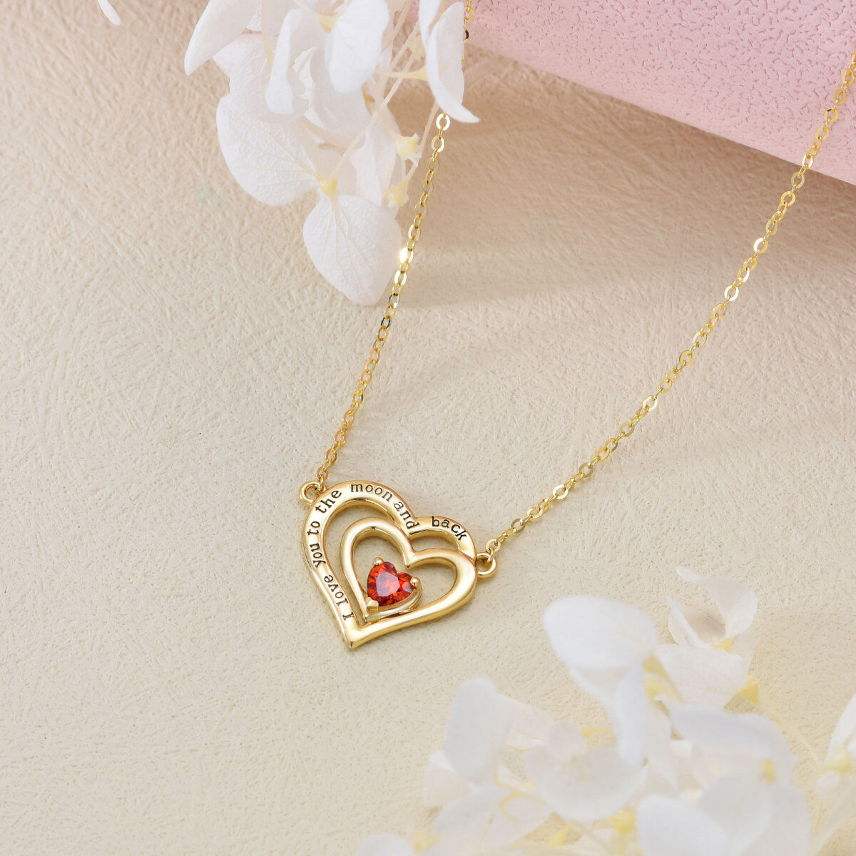 Collar con colgante de piedra natal de corazón de oro de 14 quilates con palabra grabada para mujeres y mejores amigas-4