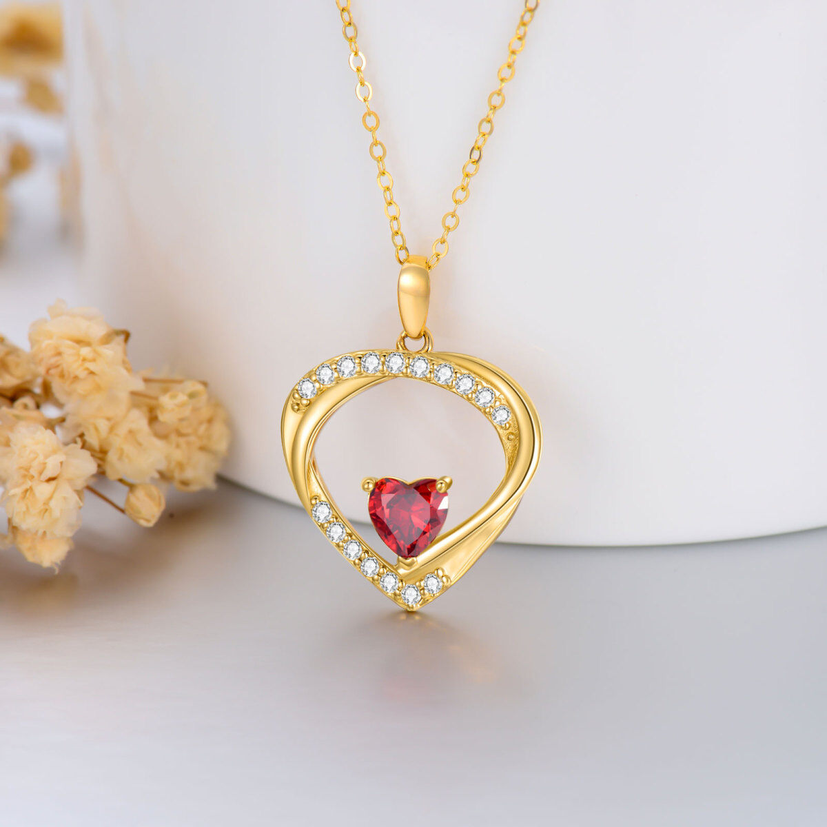 14K Gold Heart Cubic Zirconia Pendant Necklace For Women-4