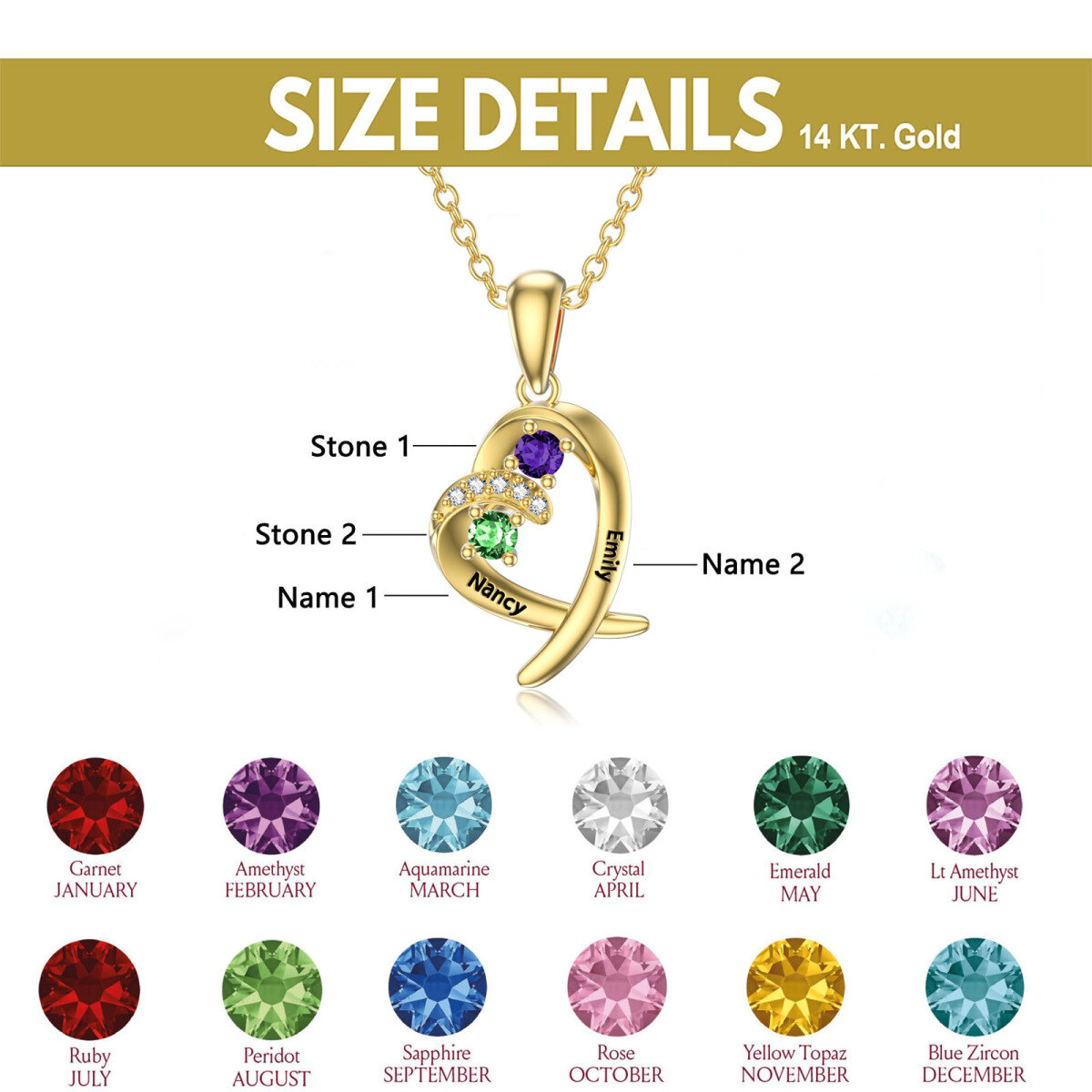 14K Gold Heart Shaped Cubic Zirconia Personalized Birthstone Pendant Necklace-3