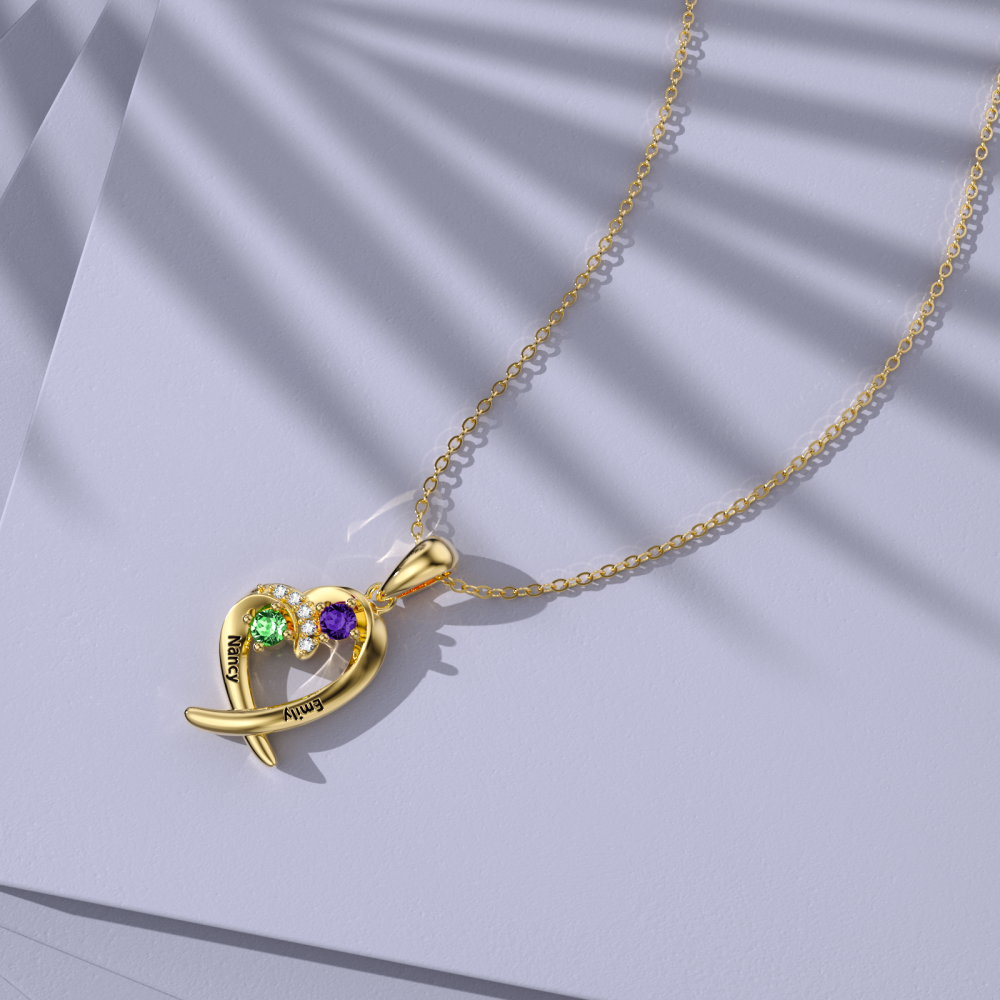 Colar com pendente de pedra de nascimento personalizado em forma de coração em ouro 10K com zircónias cúbicas-4