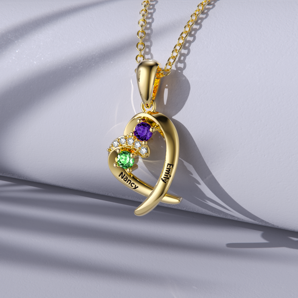 14K Gold Heart Shaped Cubic Zirconia Personalized Birthstone Pendant Necklace-7