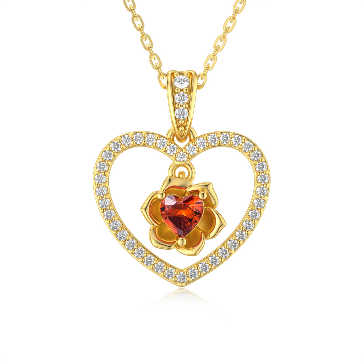 Collana da donna con ciondolo a forma di cuore e rosa con zirconi cubici in oro 14 carati-1