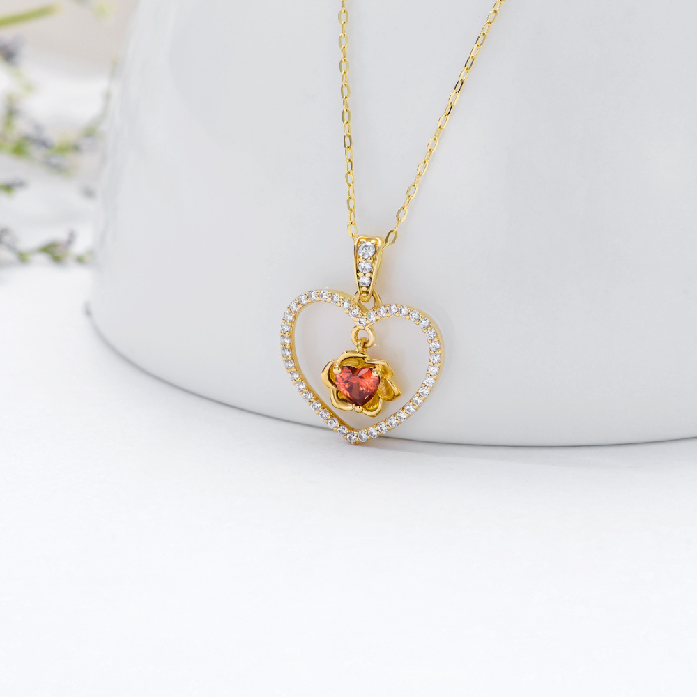 10K Gold Heart Cubic Zirconia Rose & Heart Pendant Necklace For Women-3