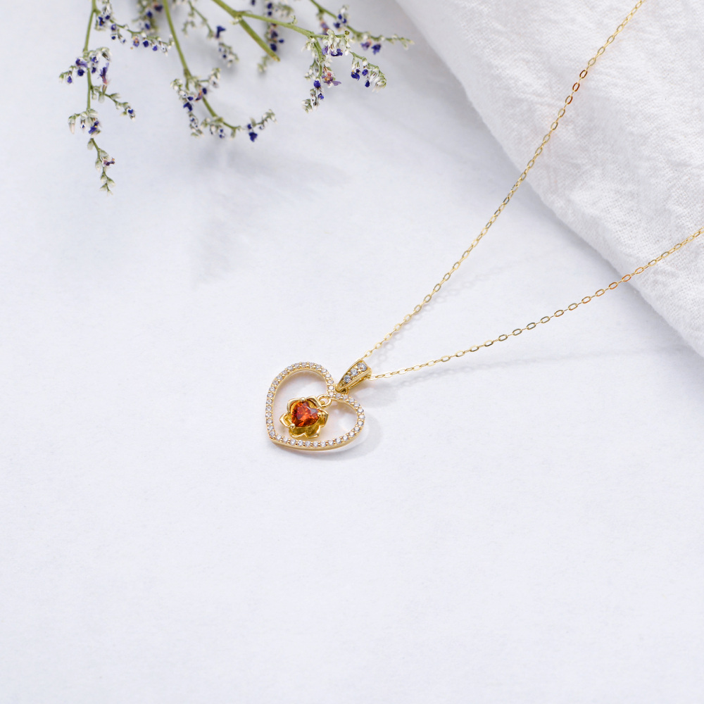 10K Gold Heart Cubic Zirconia Rose & Heart Pendant Necklace For Women-4