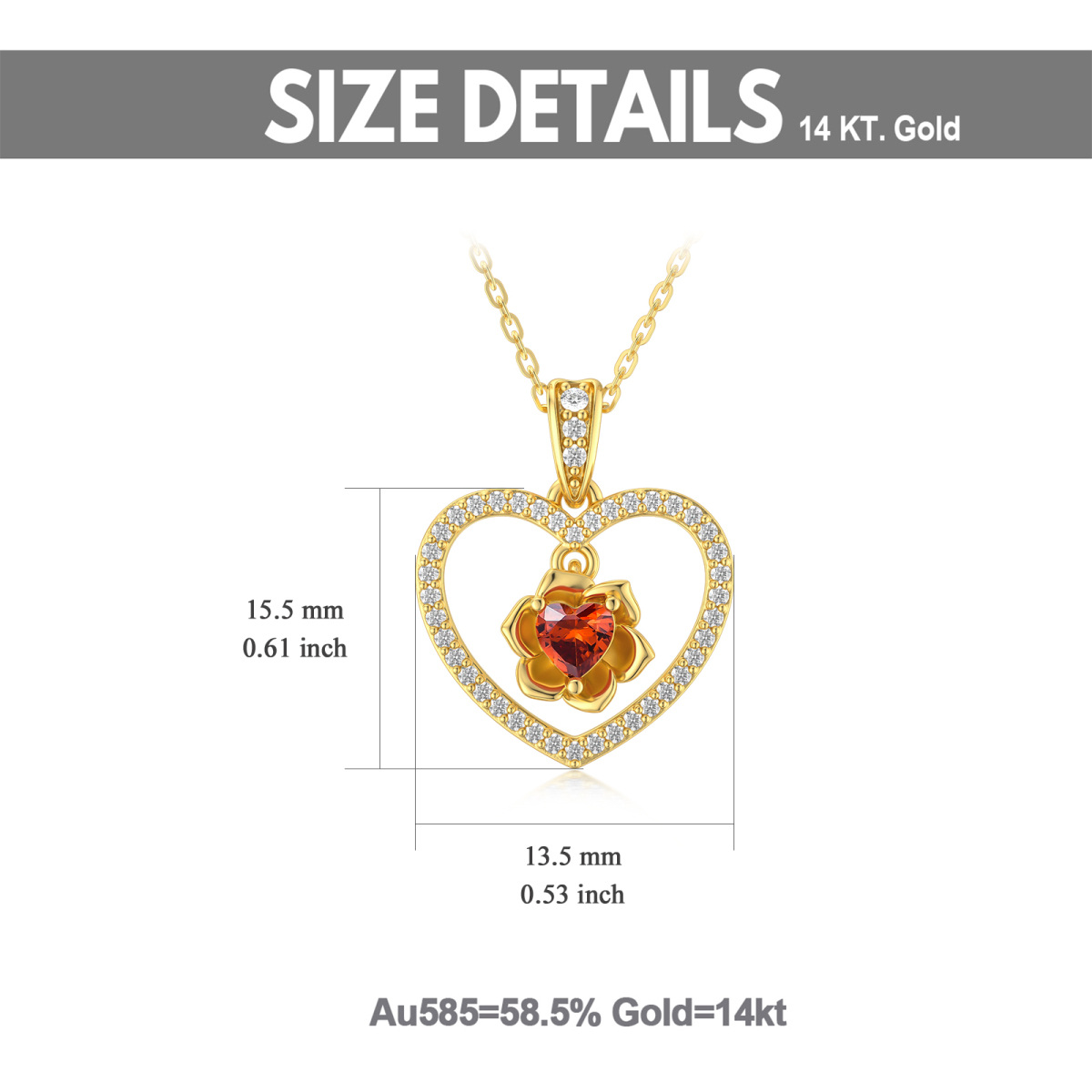 Collana da donna con ciondolo a forma di cuore e rosa con zirconi cubici in oro 14 carati-5