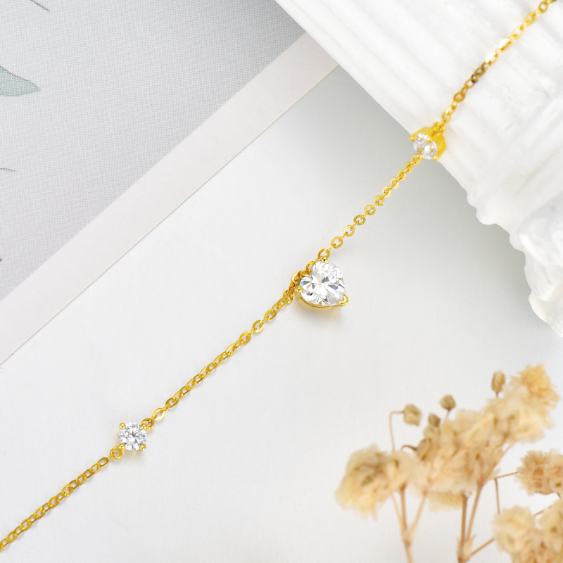 Tobillera de una sola capa con forma de corazón de circonita cúbica y corazón de oro de 14 quilates para mujer-3