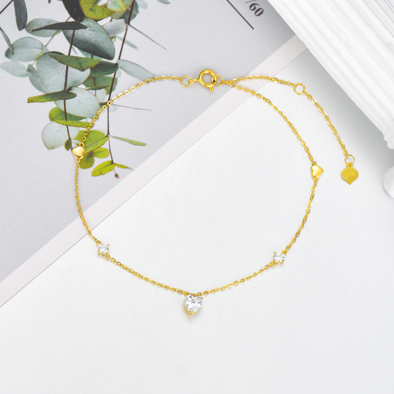 Tobillera de una sola capa con forma de corazón de circonita cúbica y corazón de oro de 14 quilates para mujer-4
