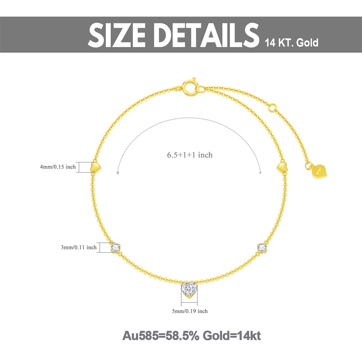 Tornozeleira de camada única com coração de zircônia cúbica em ouro 14K para mulheres-5