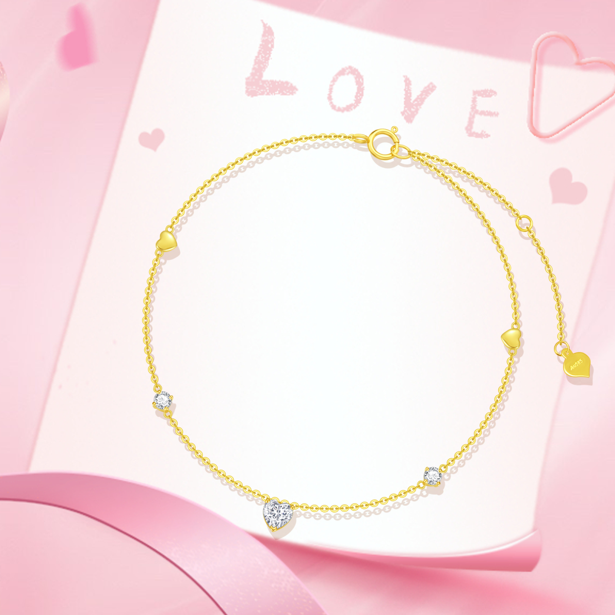 14K Gold Heart Cubic Zirconia Heart Single Layer Anklet For Women-6