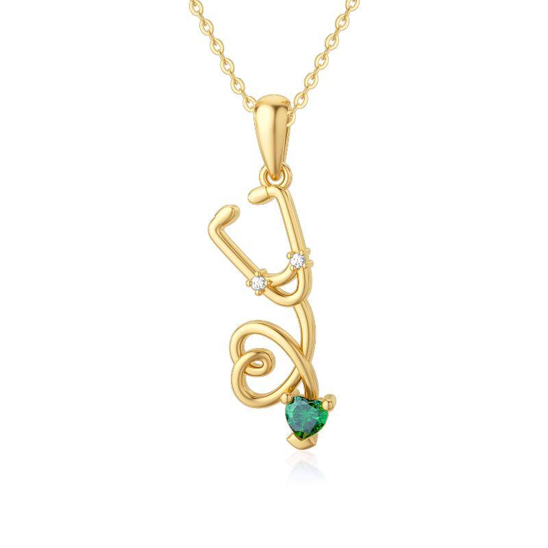 Image of 14K Gold Heart Cubic Zirconia Heart & Stethoscope Pendant Necklace For Women