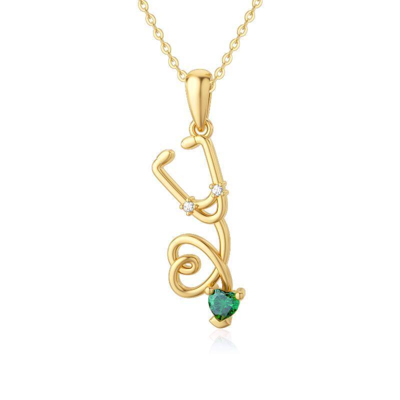 10K Gold Heart Cubic Zirconia Heart & Stethoscope Pendant Necklace For Women-1