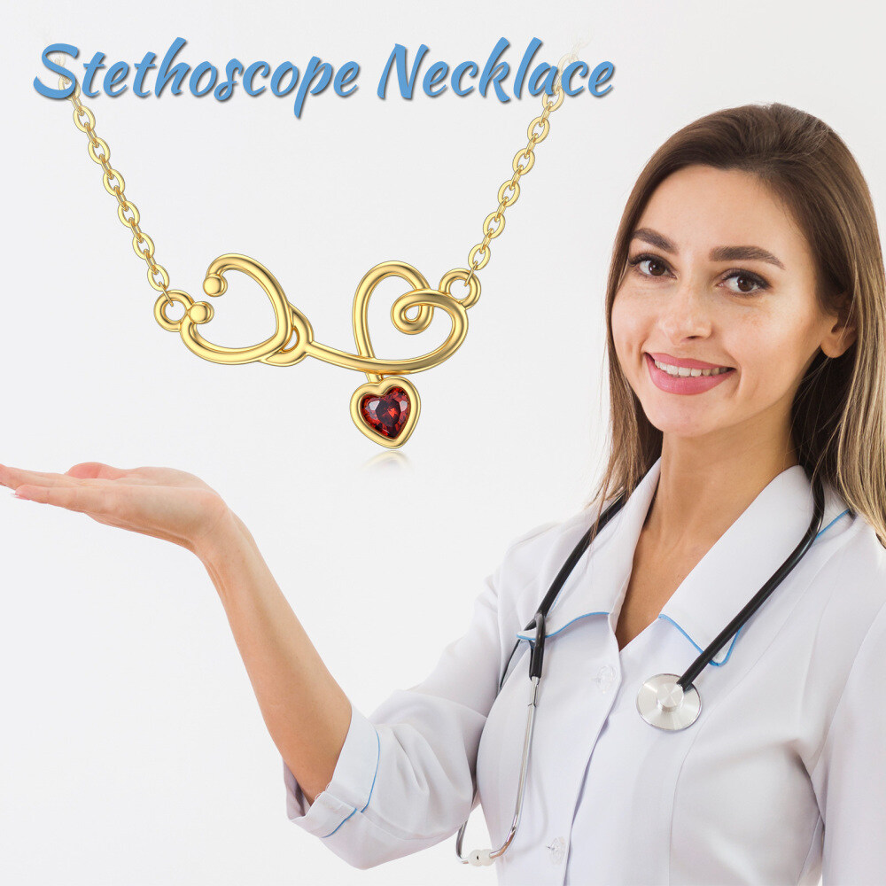 10K Gold Heart Cubic Zirconia Heart Stethoscope Pendant Necklace For Women-3