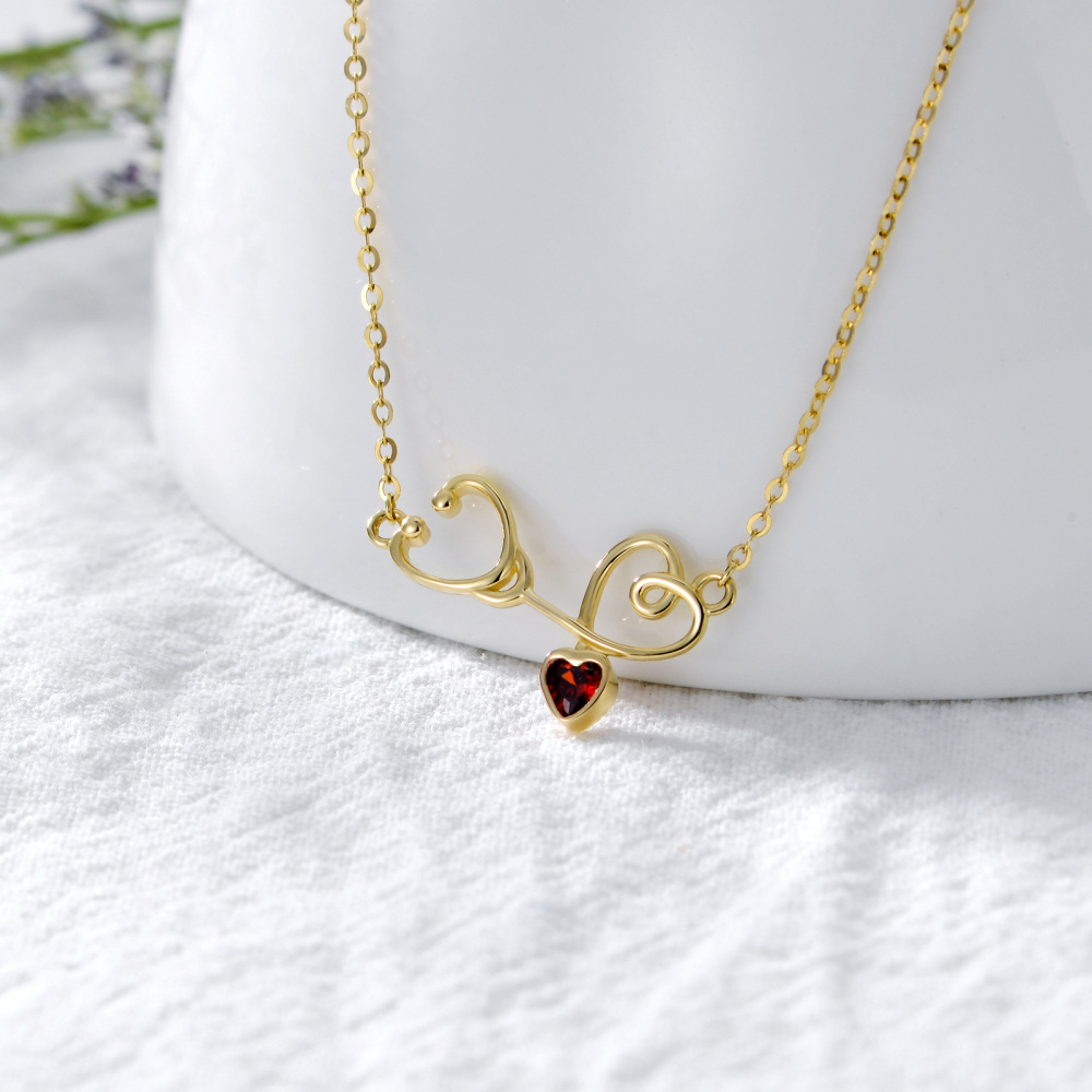 10K Gold Heart Cubic Zirconia Heart Stethoscope Pendant Necklace For Women-4