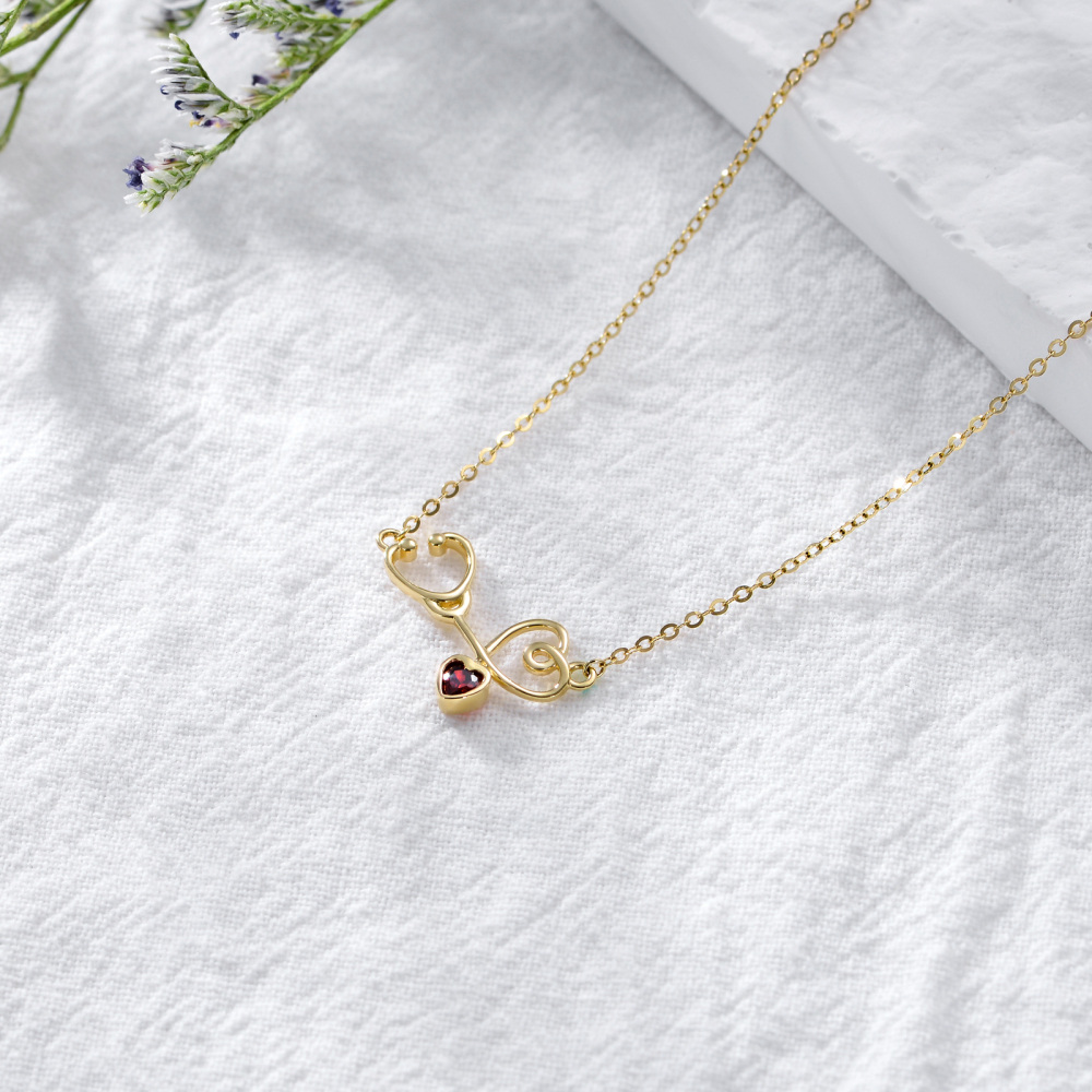 10K Gold Heart Cubic Zirconia Heart Stethoscope Pendant Necklace For Women-5