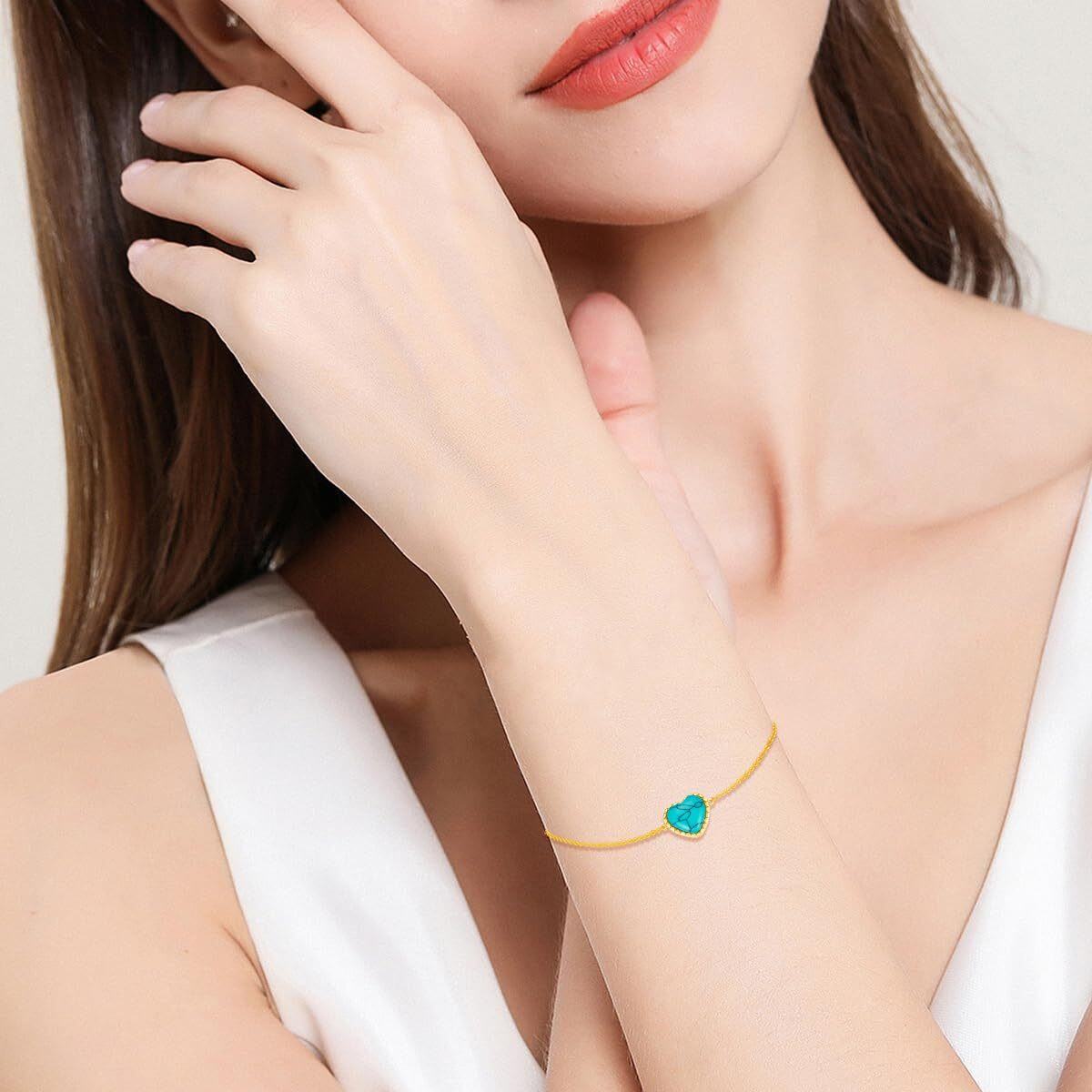 10K Gold Heart Turquoise Charm Bracelet For Women-2