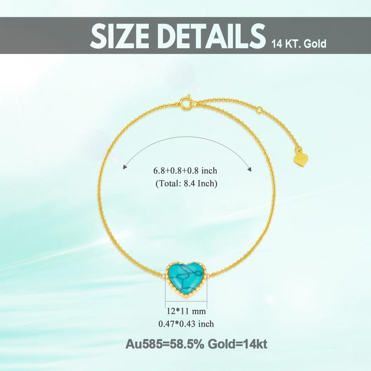 14K Gold Heart Turquoise Charm Bracelet For Women-6