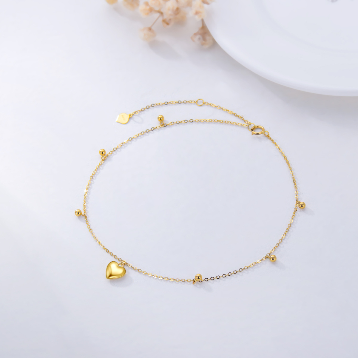 14K Gold Heart Single Layer Anklet-4