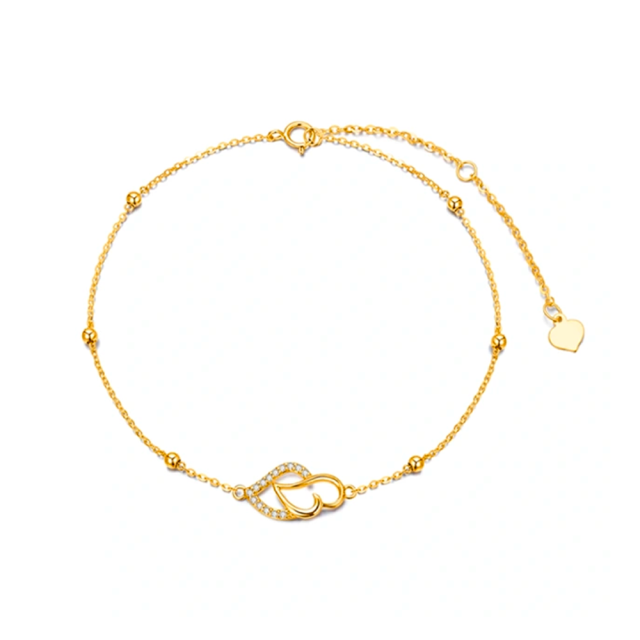 Pulsera de cadena de estación de cuentas de una sola capa con corazones entrelazados de circonita cúbica de oro de 14 quilates para mujer mejor amiga-1