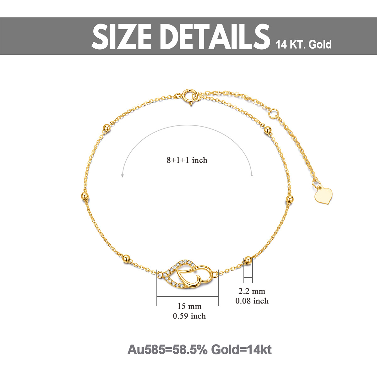 Fußkettchen aus 14 Karat Gold mit Zirkonia, Herz und Herz, einlagig-6