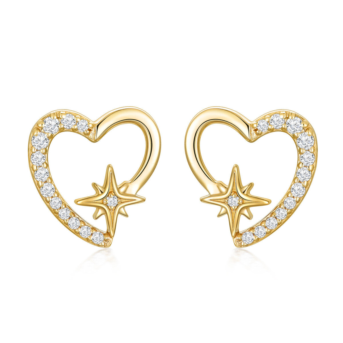 10K Gold Cubic Zirconia Heart & Star Stud Earrings-1