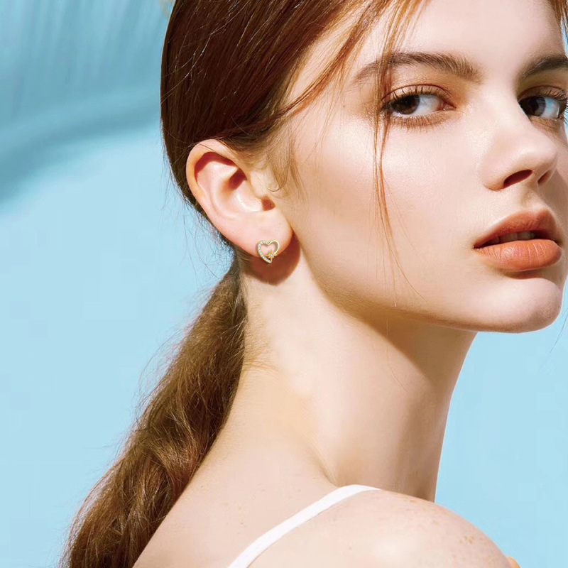 18K Gold Cubic Zirconia Heart & Star Stud Earrings-2