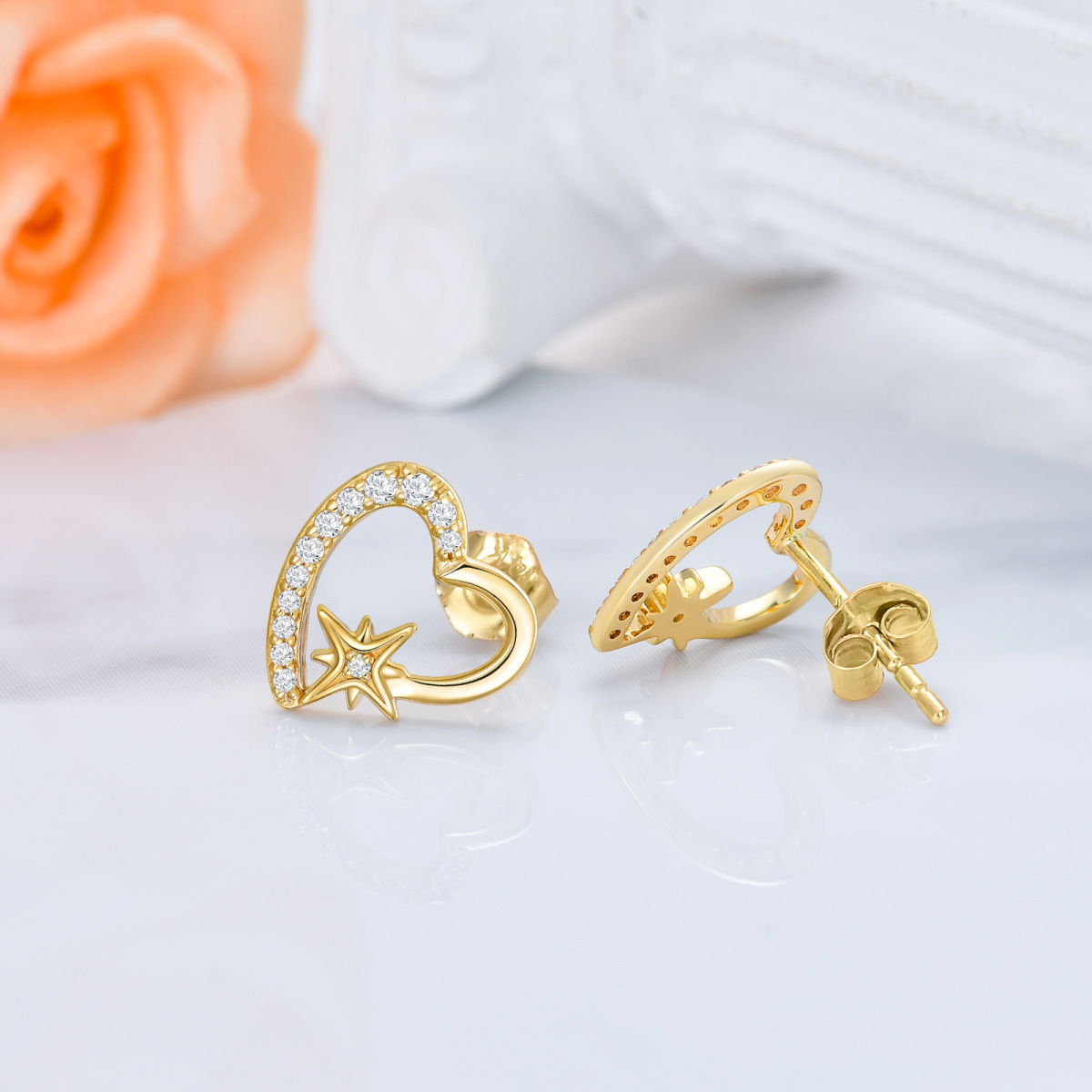 10K Gold Cubic Zirconia Heart & Star Stud Earrings-3