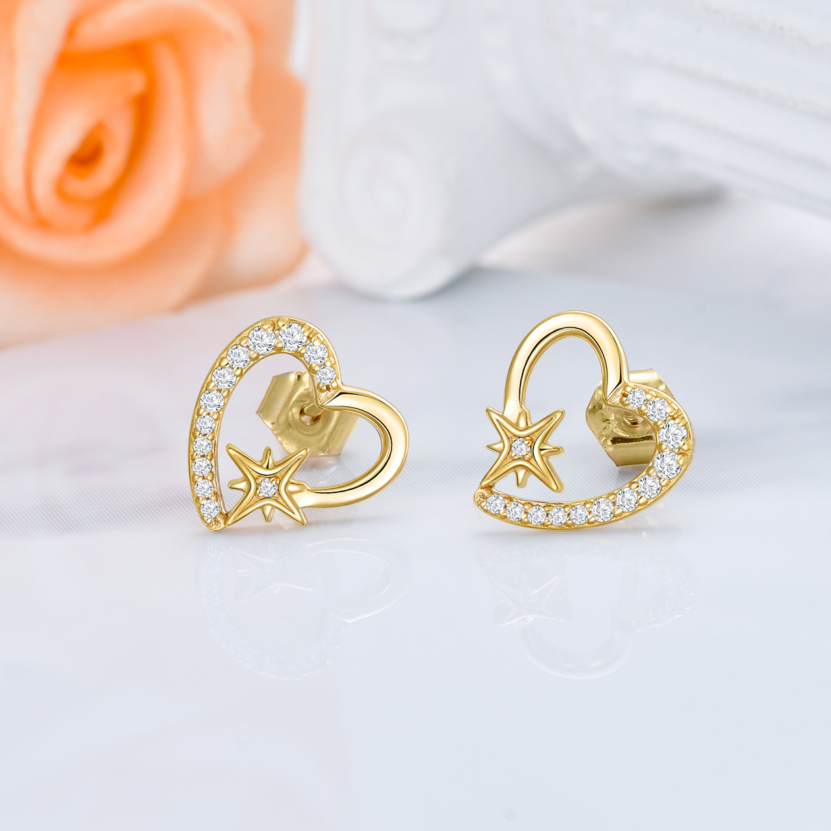 10K Gold Cubic Zirconia Heart & Star Stud Earrings-4