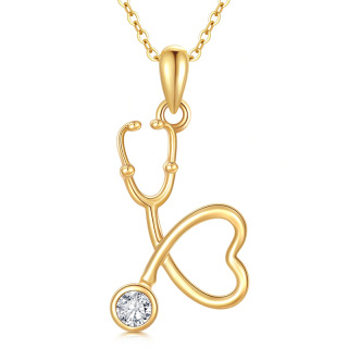 14K Gold Cubic Zirconia Heart & Stethoscope Pendant Necklace-5