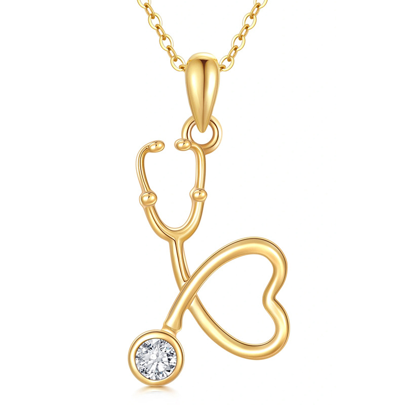 10K Gold Cubic Zirconia Heart & Stethoscope Pendant Necklace-12
