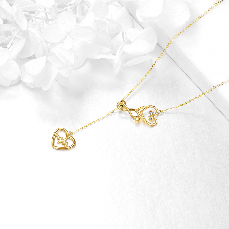 قلادة على شكل قلب وسماعة طبية من الذهب الأبيض عيار 10 قيراط مرصعة بالزركونيا المكعبة-4