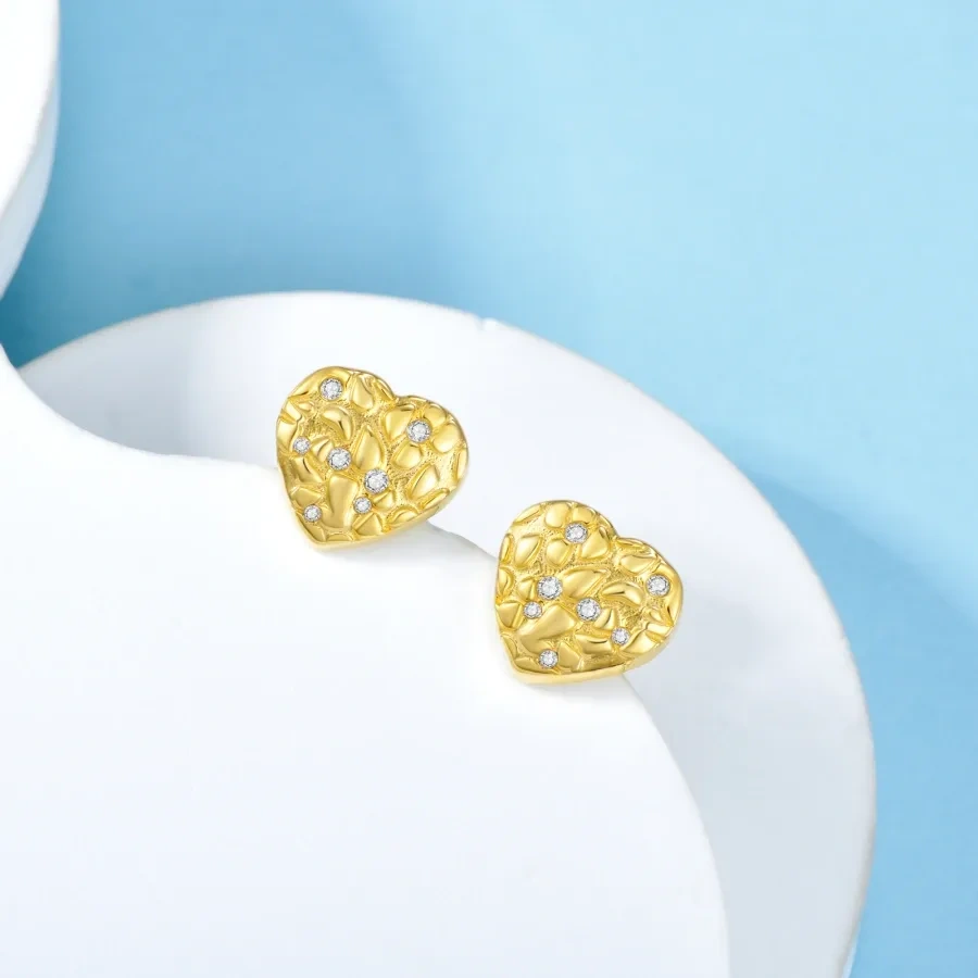 10K Gold Cubic Zirconia Heart Stud Earrings-3