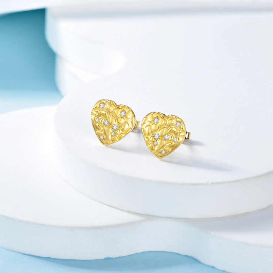 10K Gold Cubic Zirconia Heart Stud Earrings-4