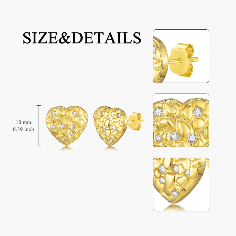 10K Gold Cubic Zirconia Heart Stud Earrings-5