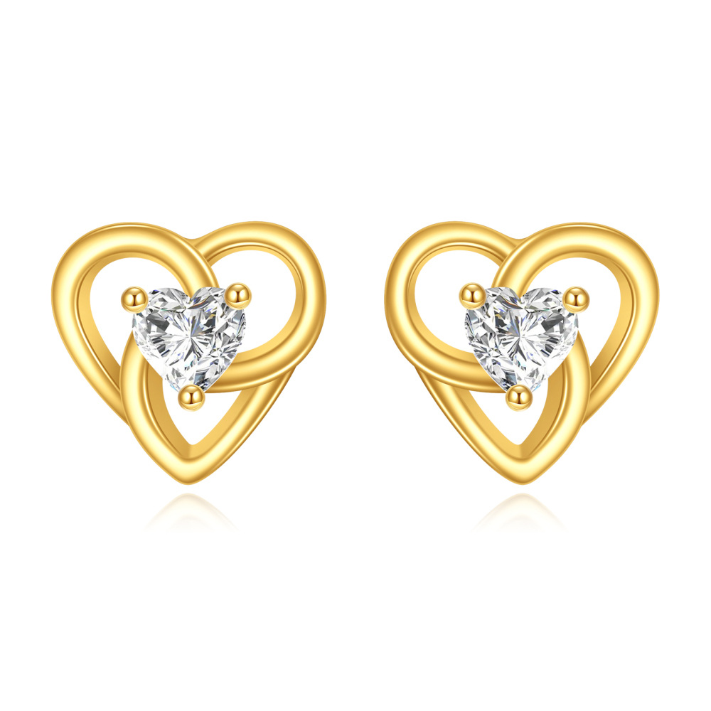 10K Gold Cubic Zirconia Heart Stud Earrings-1