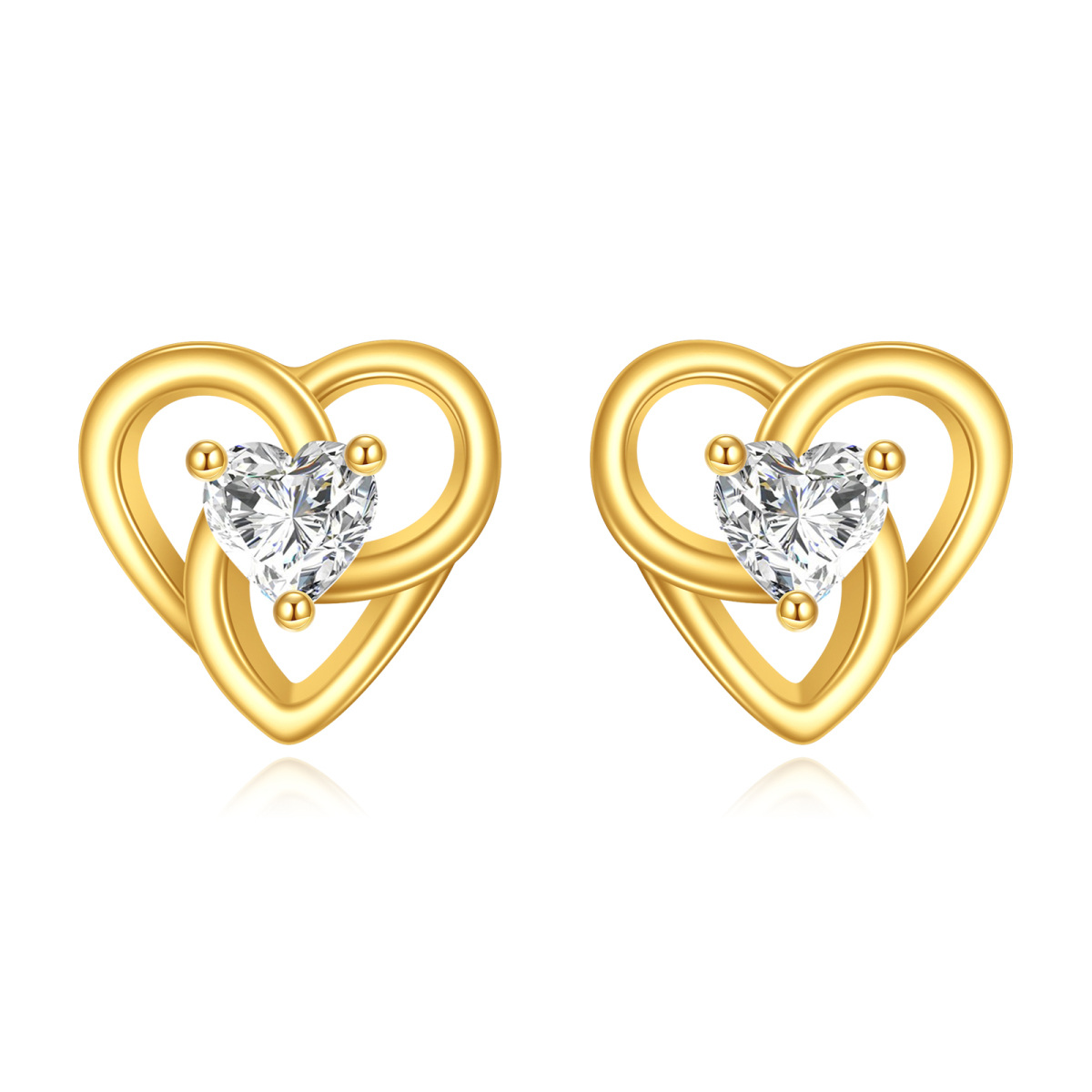 10K Gold Cubic Zirconia Heart Stud Earrings-1