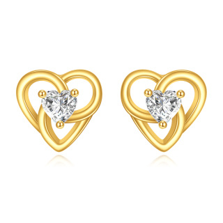10K Gold Cubic Zirconia Heart Stud Earrings-15