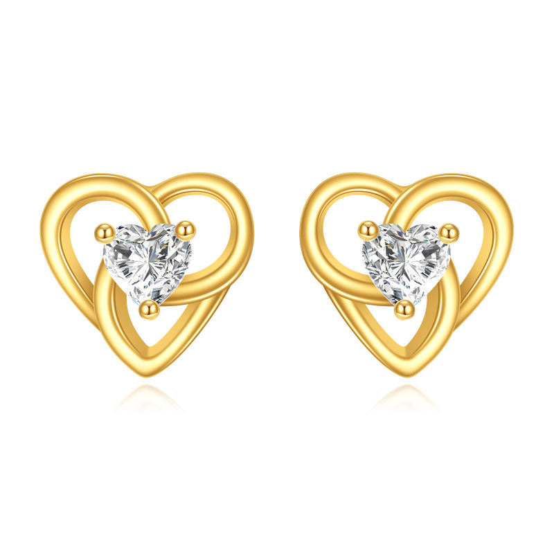 10K Gold Cubic Zirconia Heart Stud Earrings-5