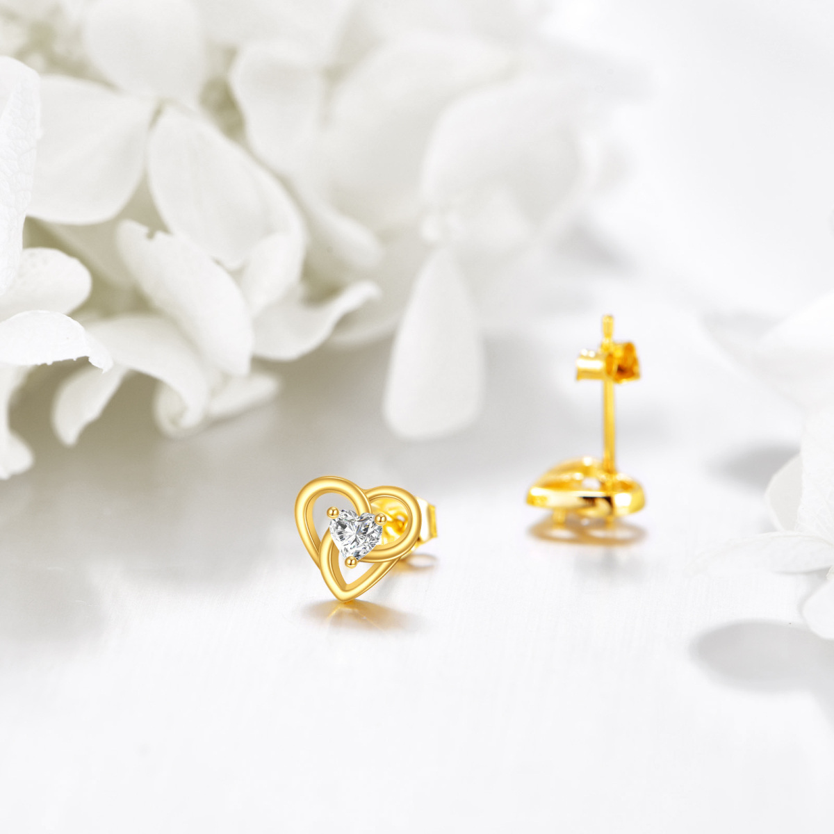 10K Gold Cubic Zirconia Heart Stud Earrings-4