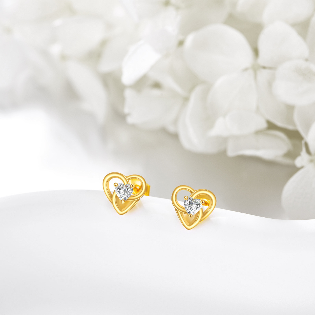 10K Gold Cubic Zirconia Heart Stud Earrings-5